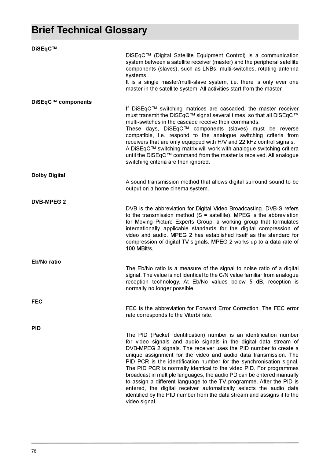 Kathrein UFD 170 manual Brief Technical Glossary, DiSEqC components, Dolby Digital, Eb/No ratio 