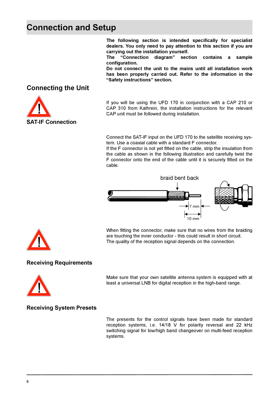 Kathrein UFD 170 manual Connection and Setup, Connecting the Unit, SAT-IF Connection, Receiving Requirements 