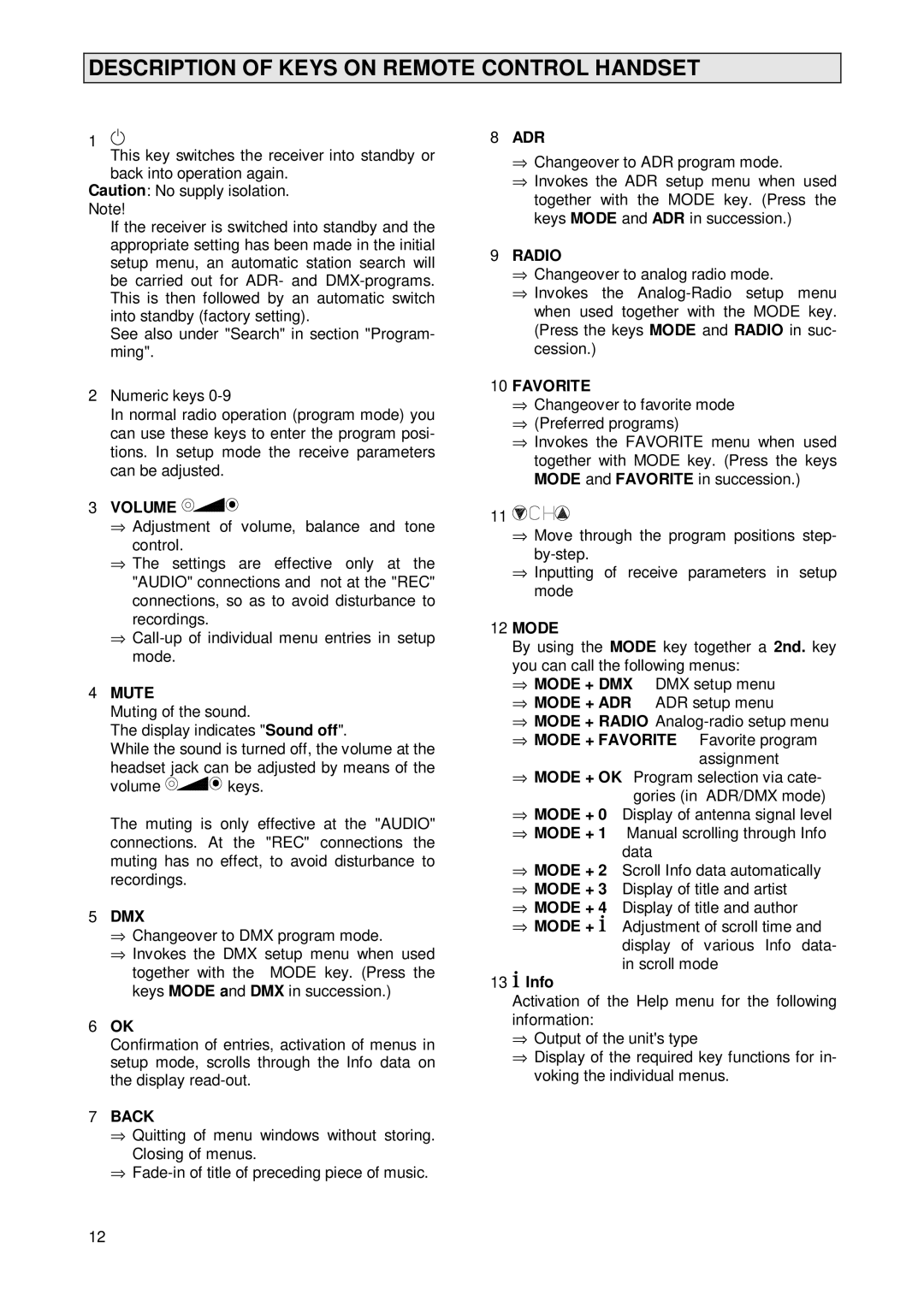 Kathrein UFD 231, 260376 operating instructions Description of Keys on Remote Control Handset, Info 