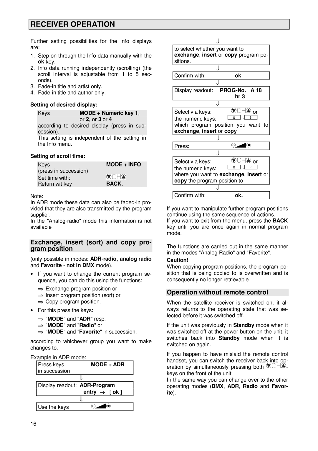 Kathrein UFD 231, 260376 Exchange, insert sort and copy pro- gram position, Operation without remote control 