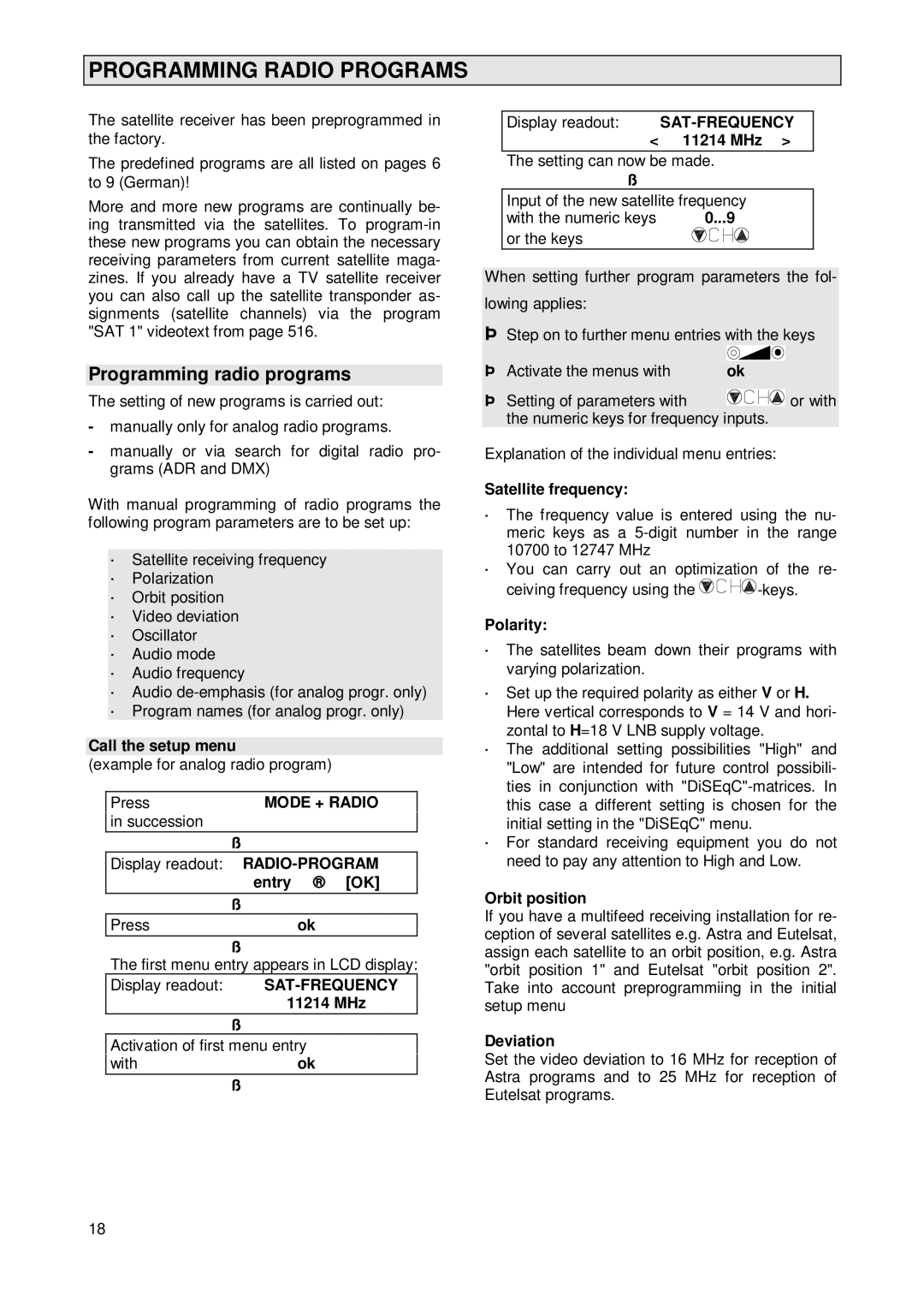 Kathrein UFD 231, 260376 operating instructions Programming Radio Programs, Programming radio programs 