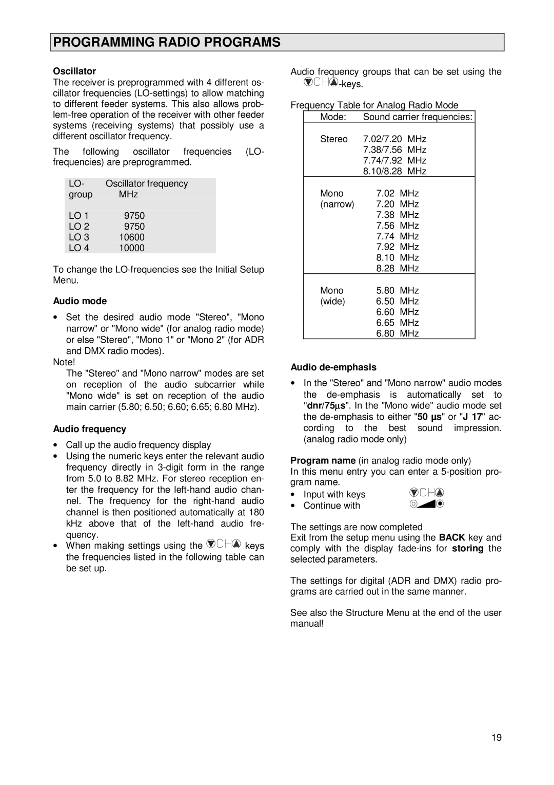 Kathrein 260376, UFD 231 operating instructions Oscillator, Audio mode, Audio frequency, Audio de-emphasis 