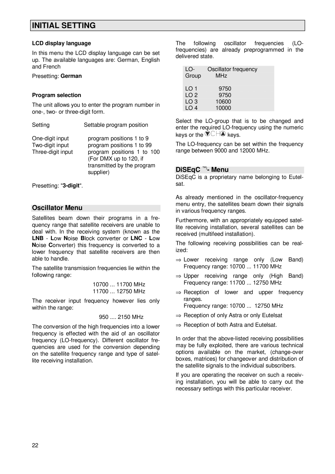 Kathrein UFD 231, 260376 operating instructions DiSEqC Menu, Oscillator Menu, LCD display language, Program selection 