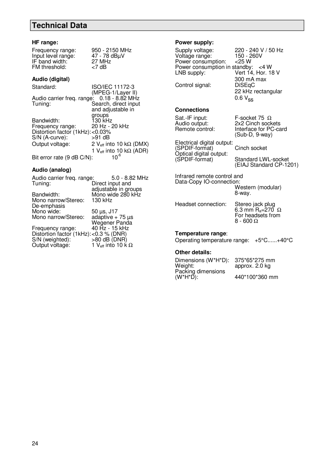 Kathrein UFD 231 HF range, Audio digital, Audio analog, Power supply, Connections, Temperature range, Other details 