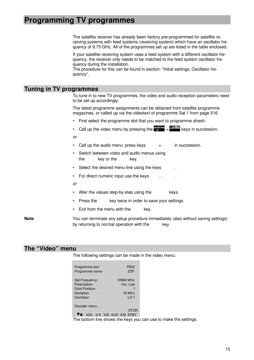 Kathrein UFD 345 manual Programming TV programmes, Tuning in TV programmes, Video menu 