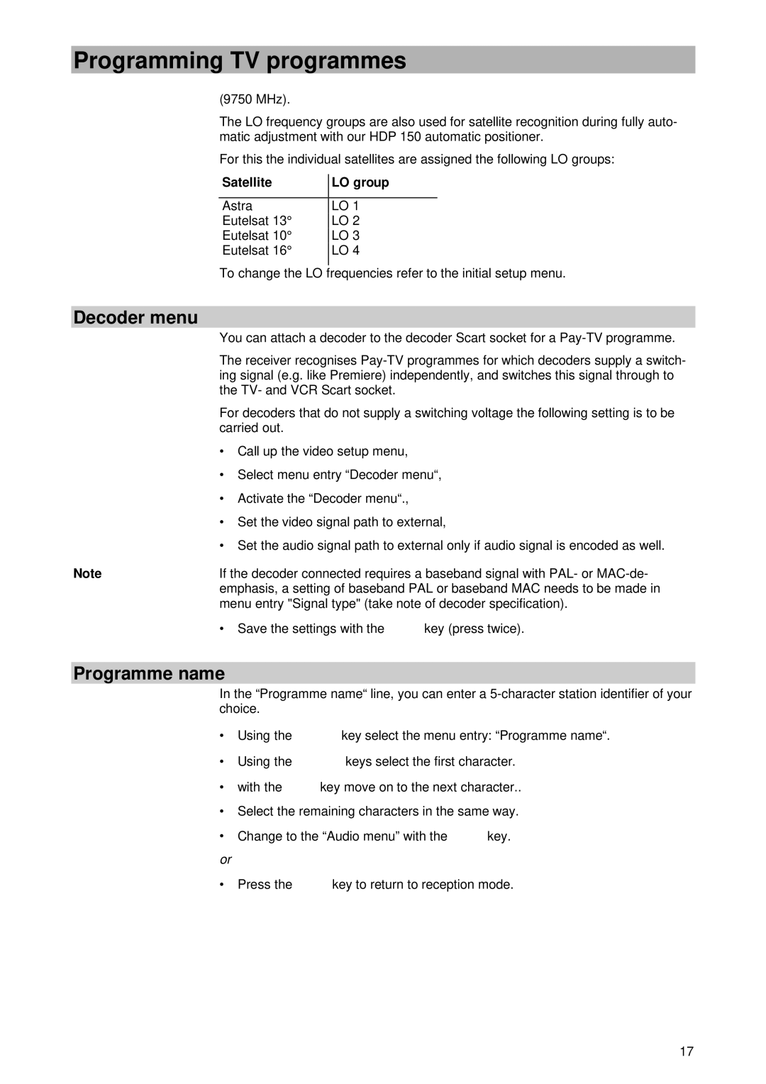 Kathrein UFD 345 manual Decoder menu, Programme name 