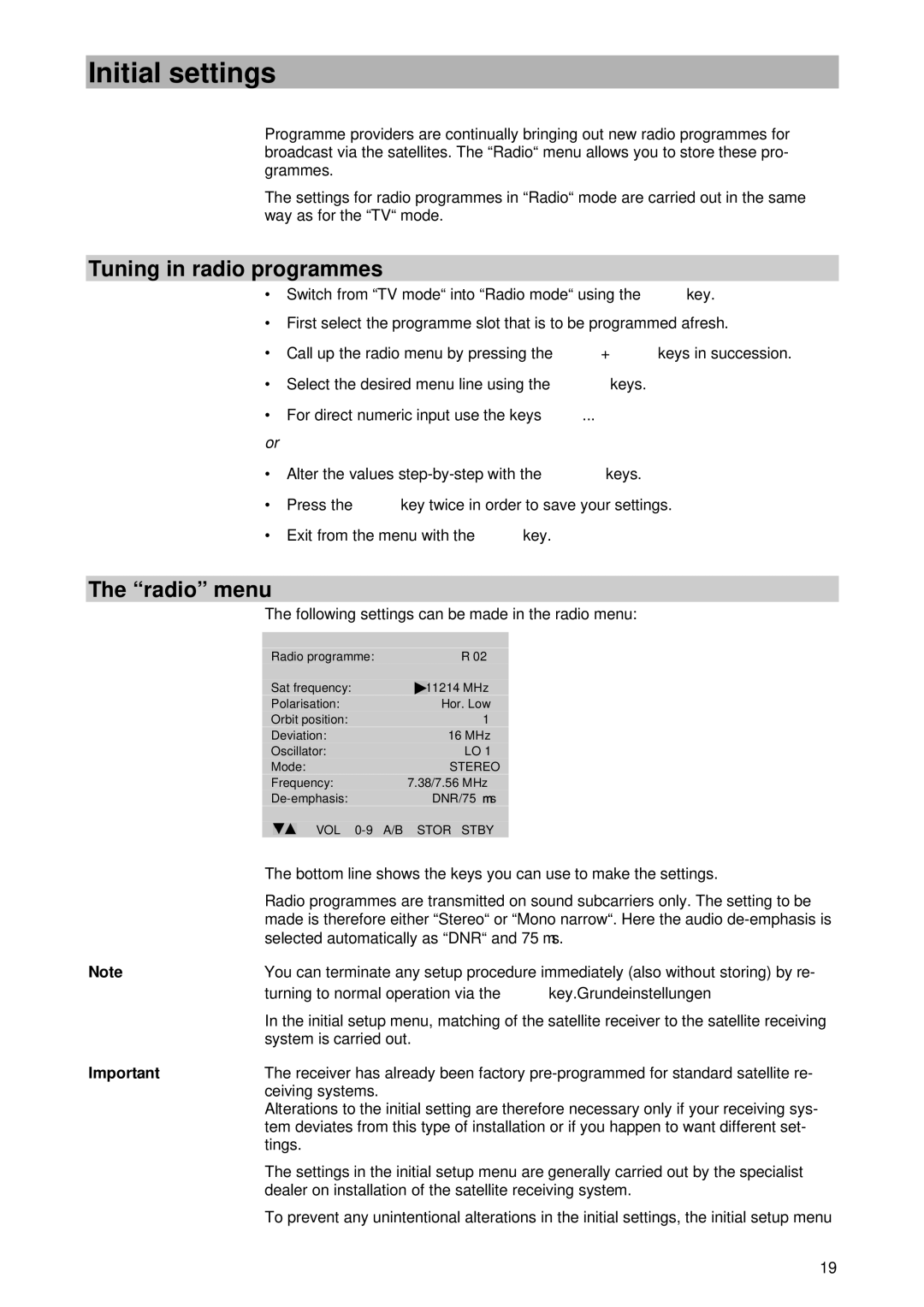 Kathrein UFD 345 manual Initial settings, Tuning in radio programmes, Radio menu 