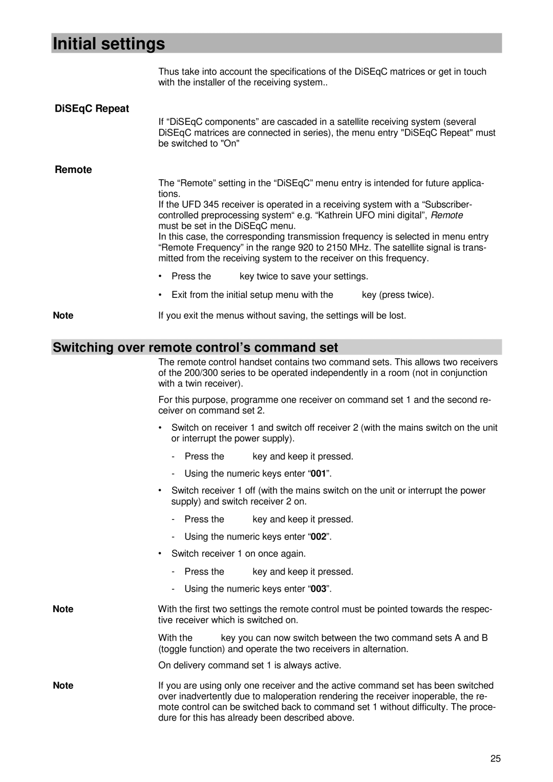 Kathrein UFD 345 manual Switching over remote control’s command set, DiSEqC Repeat, Remote 