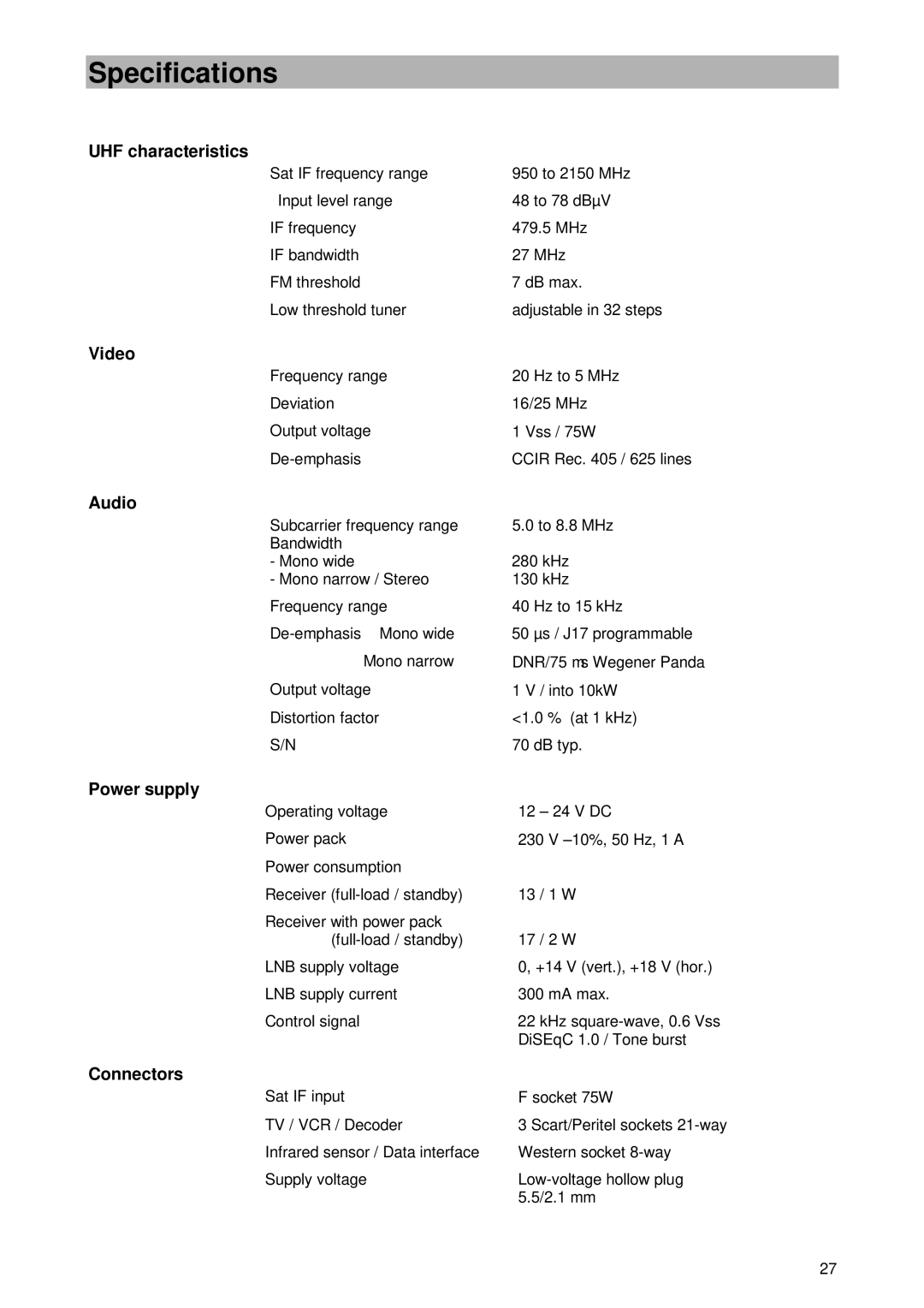 Kathrein UFD 345 manual Specifications 