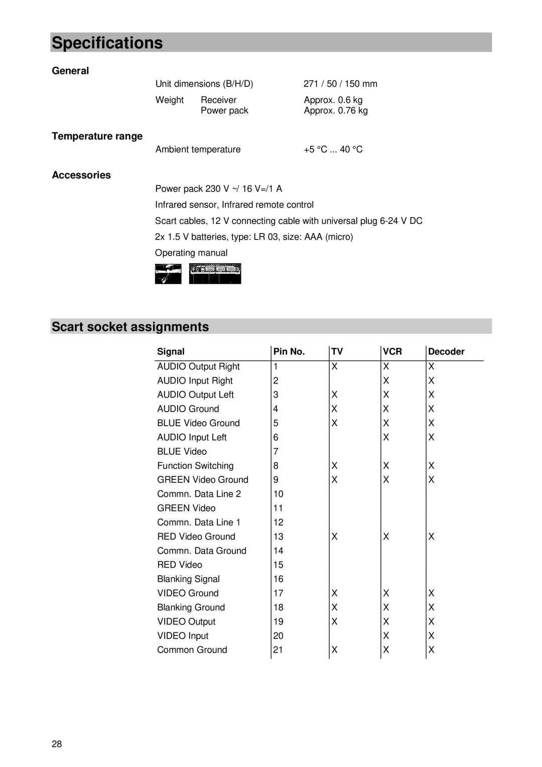 Kathrein UFD 345 manual Scart socket assignments, General, Temperature range, Accessories 