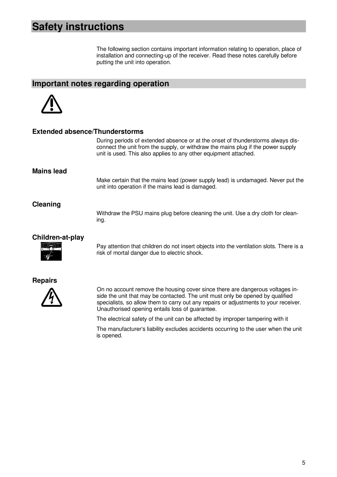 Kathrein UFD 345 manual Safety instructions, Important notes regarding operation 