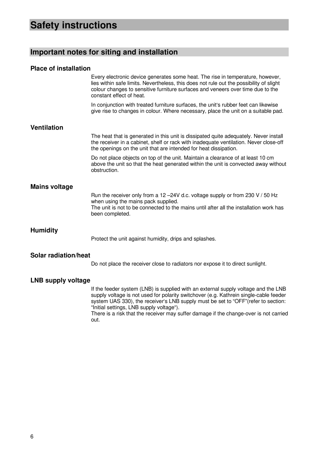 Kathrein UFD 345 manual Important notes for siting and installation 