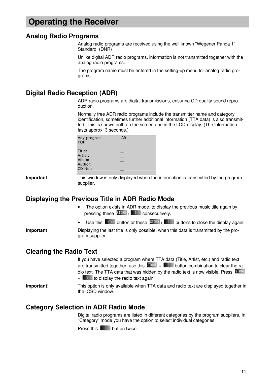 Kathrein UFD 346 Analog Radio Programs, Digital Radio Reception ADR, Displaying the Previous Title in ADR Radio Mode 