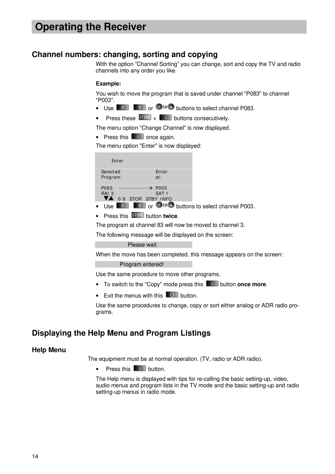 Kathrein UFD 346 Channel numbers changing, sorting and copying, Displaying the Help Menu and Program Listings 