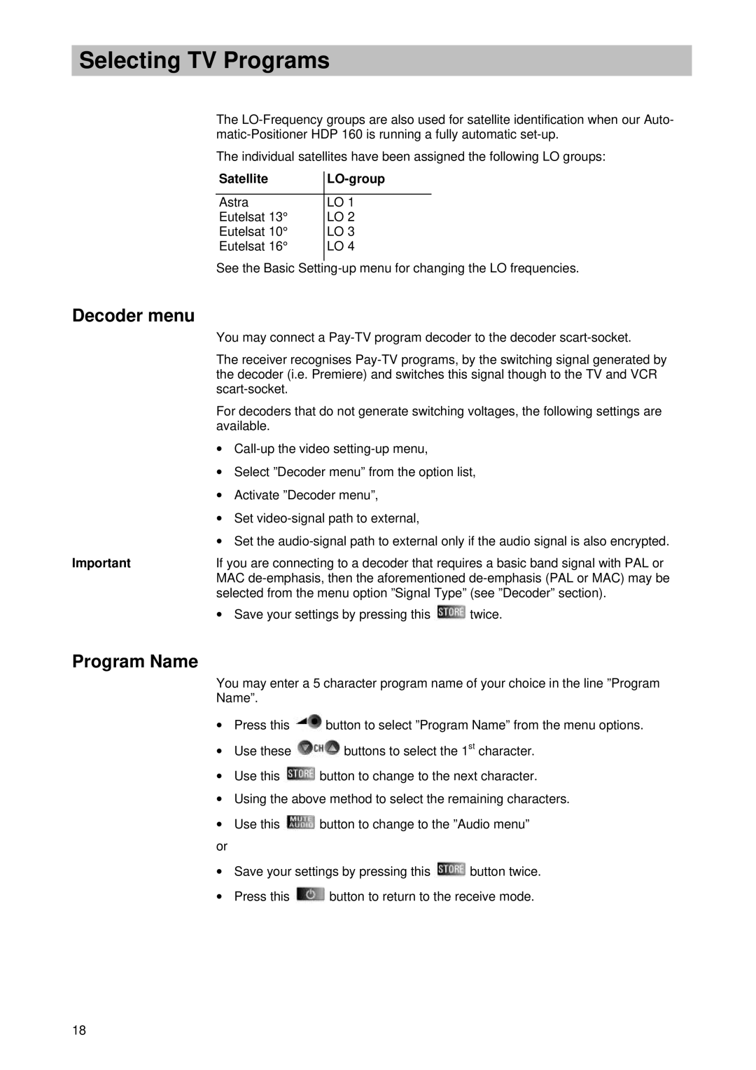 Kathrein UFD 346 operating instructions Decoder menu, Program Name 