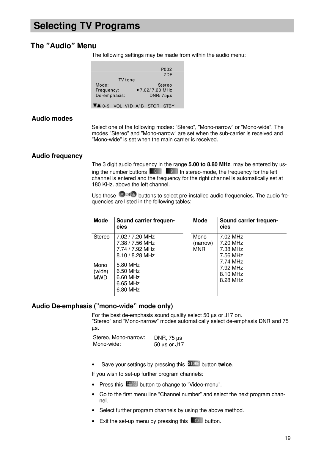 Kathrein UFD 346 operating instructions Audio Menu, Audio modes, Audio frequency, Audio De-emphasis mono-wide mode only 