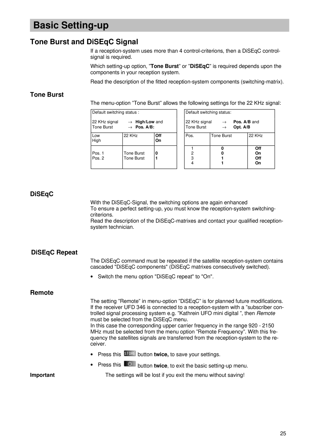 Kathrein UFD 346 operating instructions Tone Burst and DiSEqC Signal, DiSEqC Repeat, Remote 