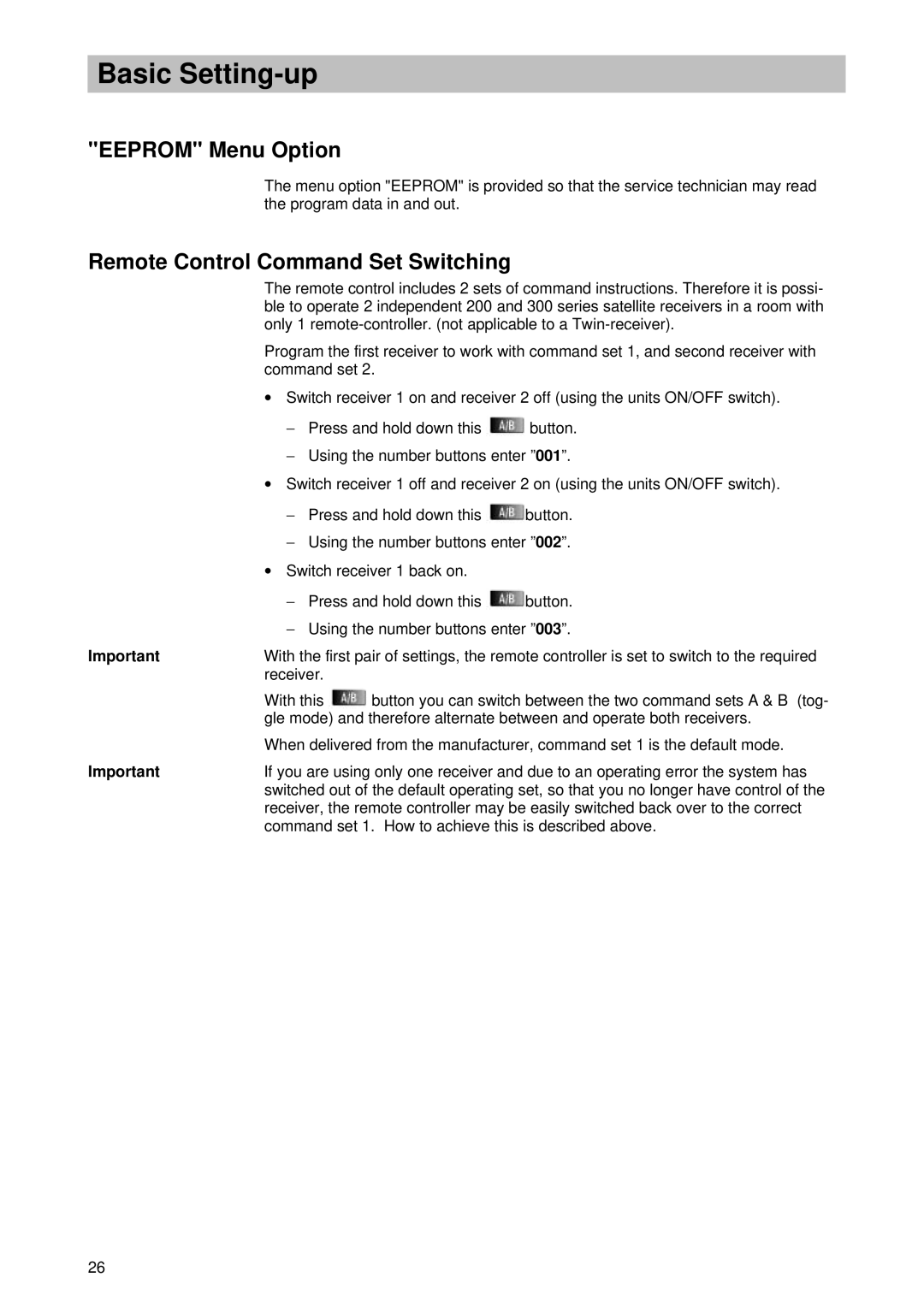 Kathrein UFD 346 operating instructions Eeprom Menu Option, Remote Control Command Set Switching 