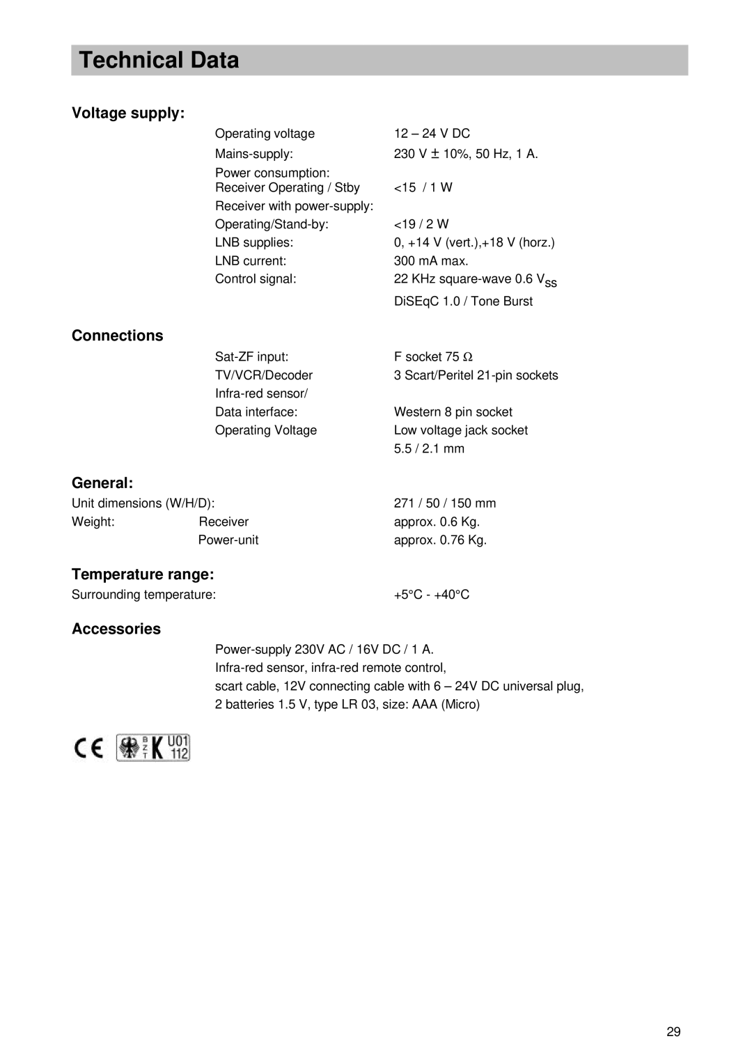 Kathrein UFD 346 operating instructions Voltage supply, Connections, General, Temperature range, Accessories 