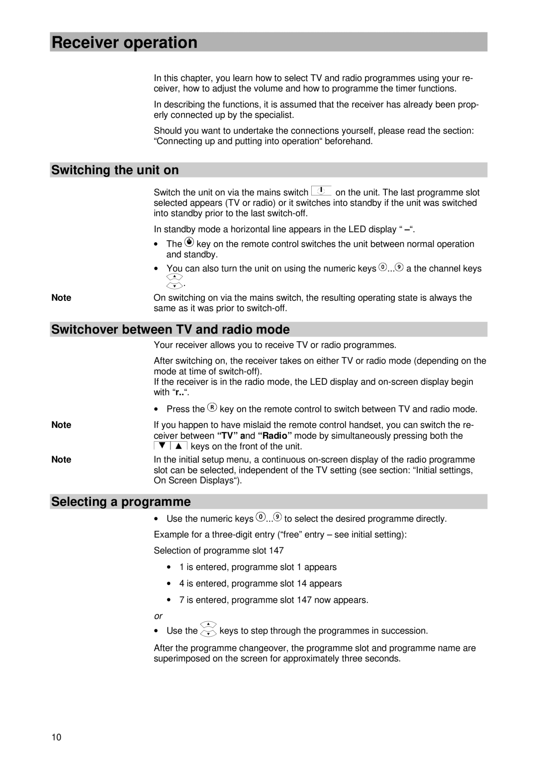 Kathrein UFD 400 Receiver operation, Switching the unit on, Switchover between TV and radio mode, Selecting a programme 
