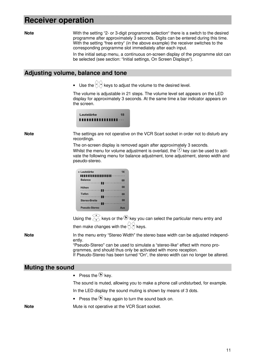 Kathrein UFD 400 manual Adjusting volume, balance and tone, Muting the sound 