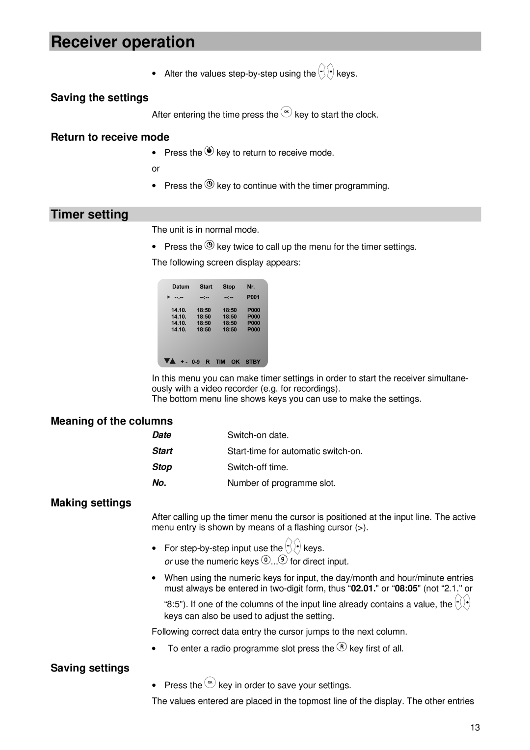 Kathrein UFD 400 manual Timer setting 