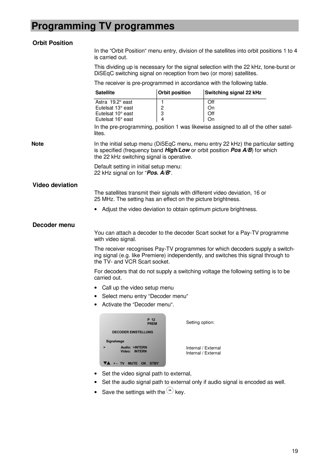 Kathrein UFD 400 manual Orbit Position, Video deviation, Decoder menu 