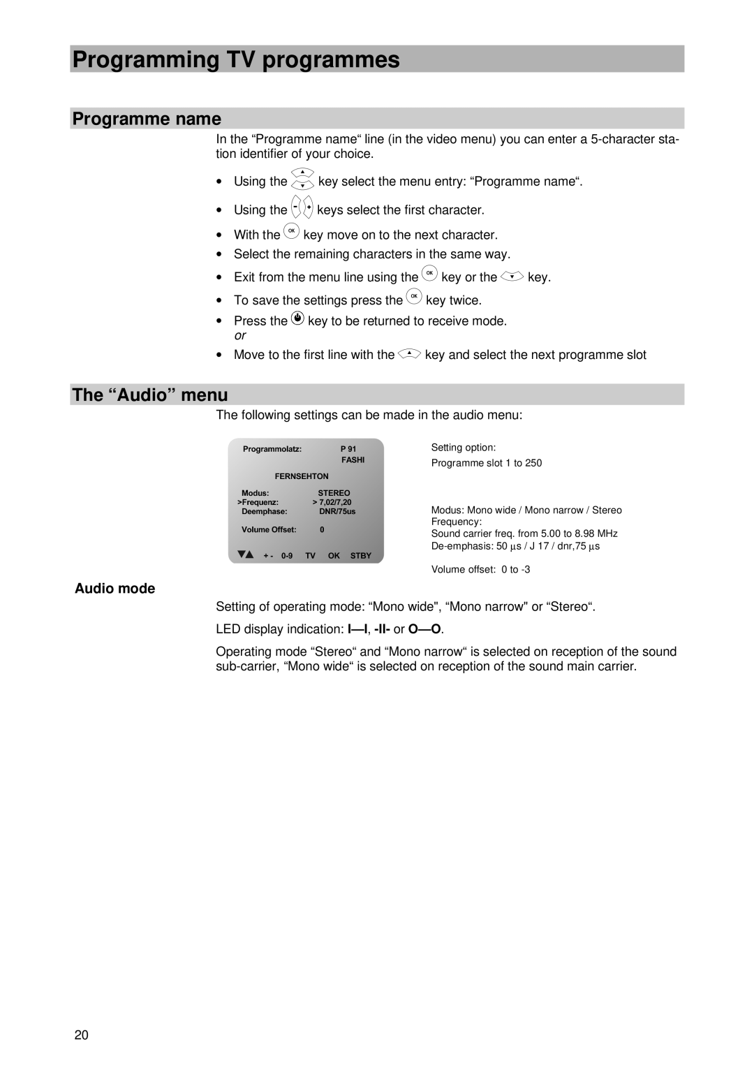 Kathrein UFD 400 manual Programme name, Audio menu, Audio mode 