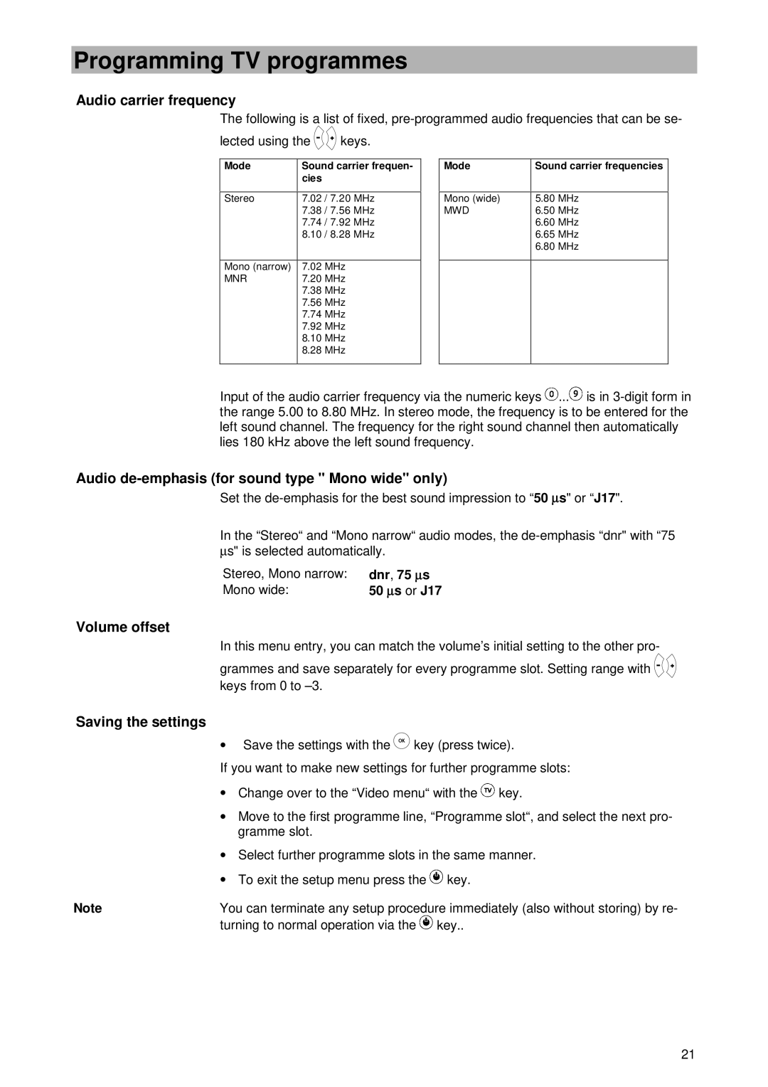 Kathrein UFD 400 manual Audio carrier frequency, Audio de-emphasis for sound type Mono wide only, Volume offset 