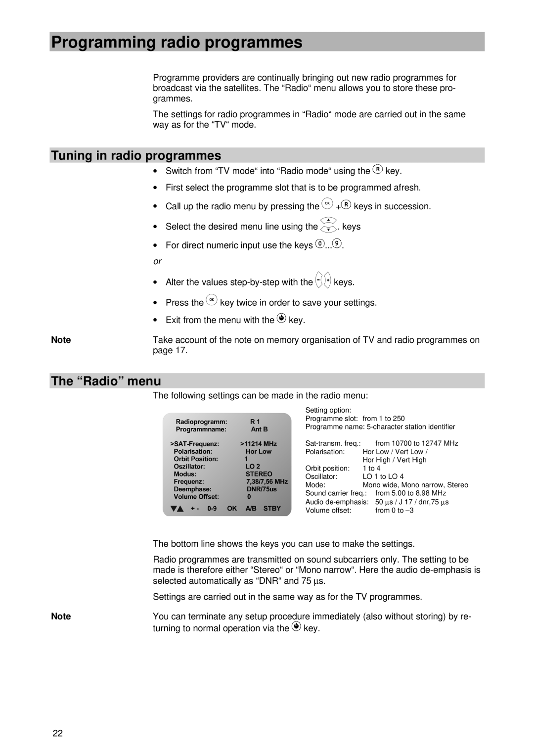 Kathrein UFD 400 manual Programming radio programmes, Tuning in radio programmes, Radio menu 