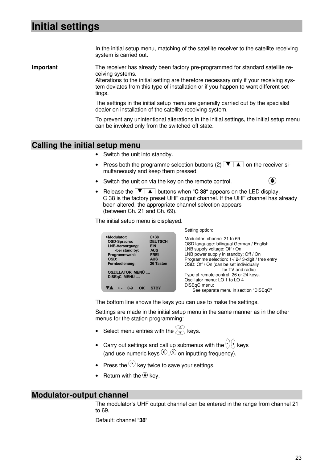 Kathrein UFD 400 manual Initial settings, Calling the initial setup menu, Modulator-output channel 