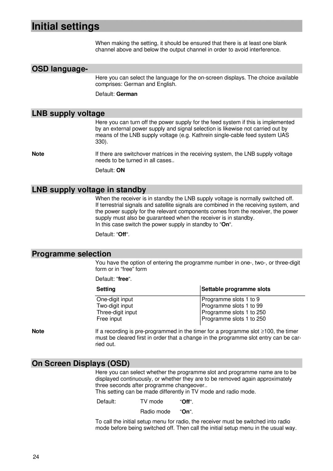 Kathrein UFD 400 manual OSD language, LNB supply voltage in standby, Programme selection, On Screen Displays OSD 