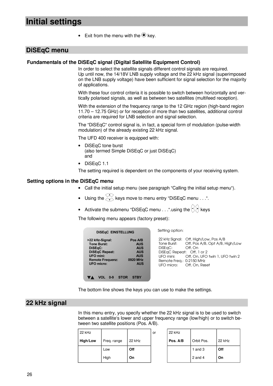 Kathrein UFD 400 manual KHz signal, Setting options in the DiSEqC menu 