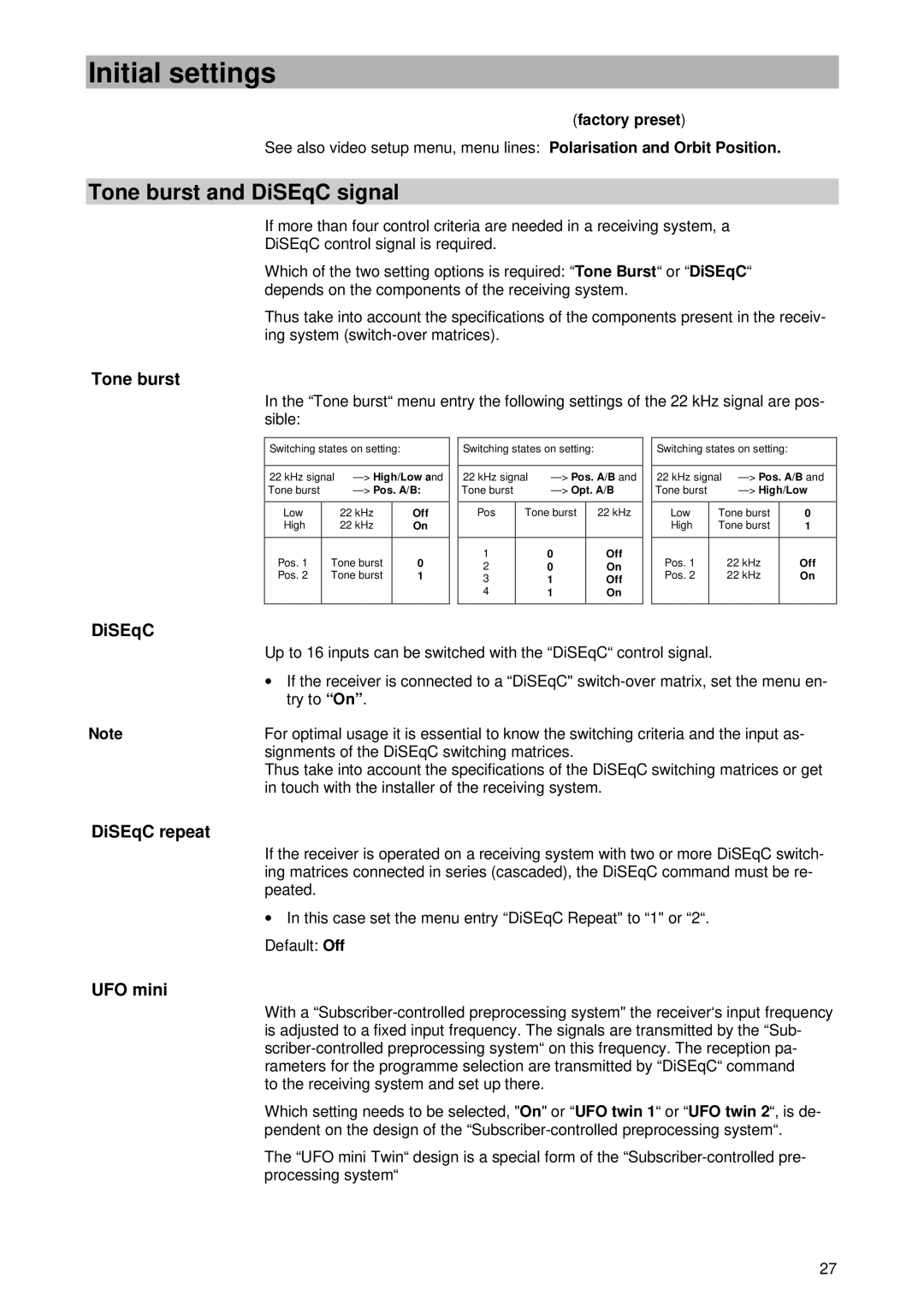 Kathrein UFD 400 manual Tone burst and DiSEqC signal, DiSEqC repeat, UFO mini 