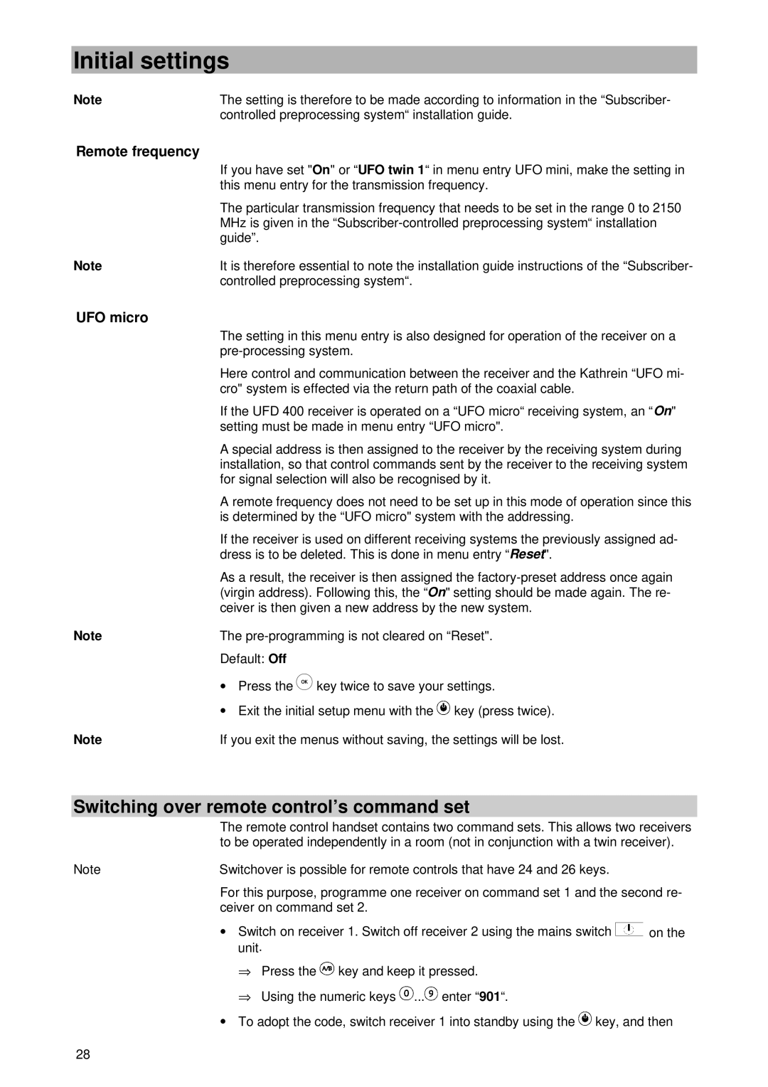 Kathrein UFD 400 manual Switching over remote control’s command set, Remote frequency, UFO micro 