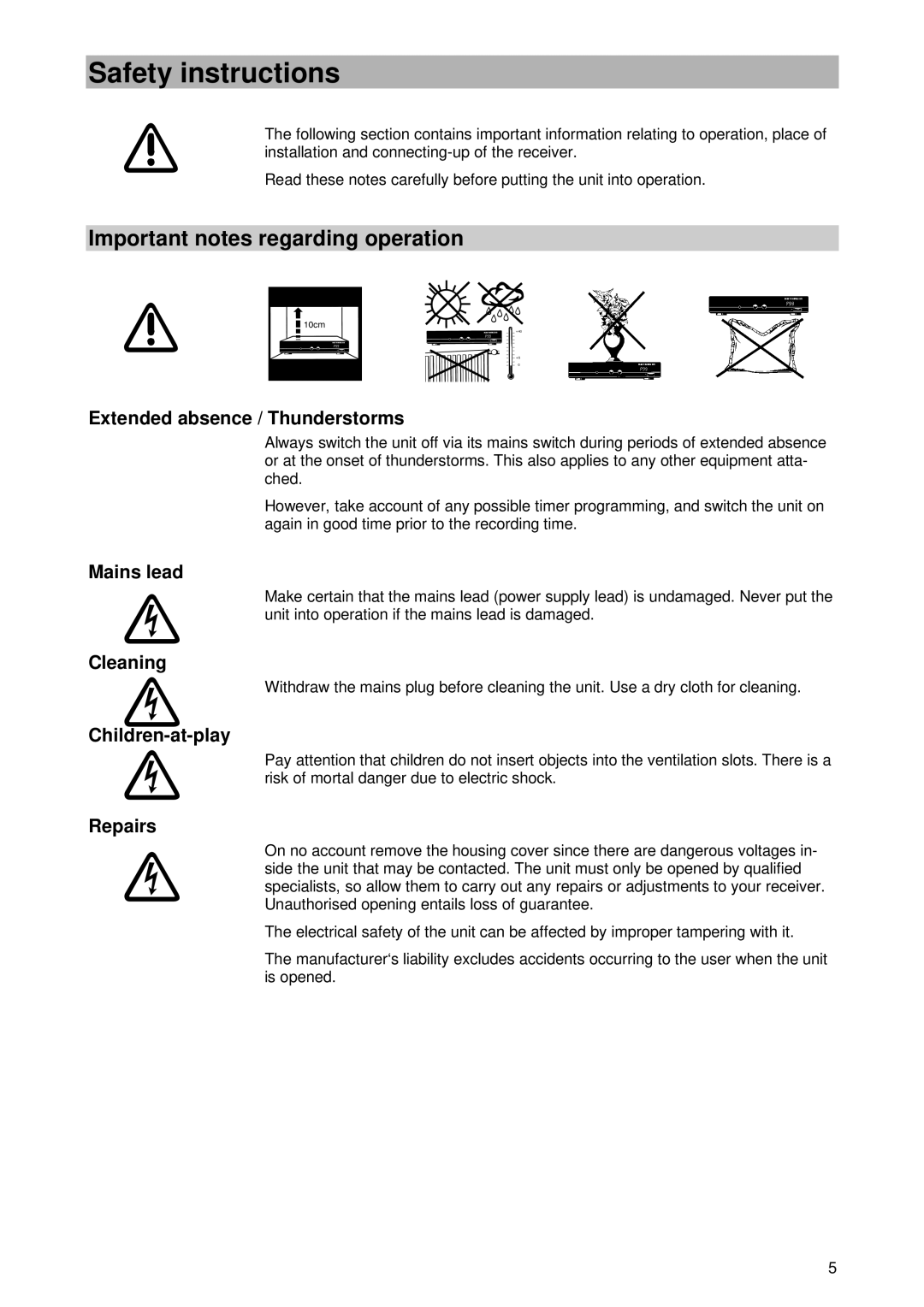 Kathrein UFD 400 manual Safety instructions, Important notes regarding operation 