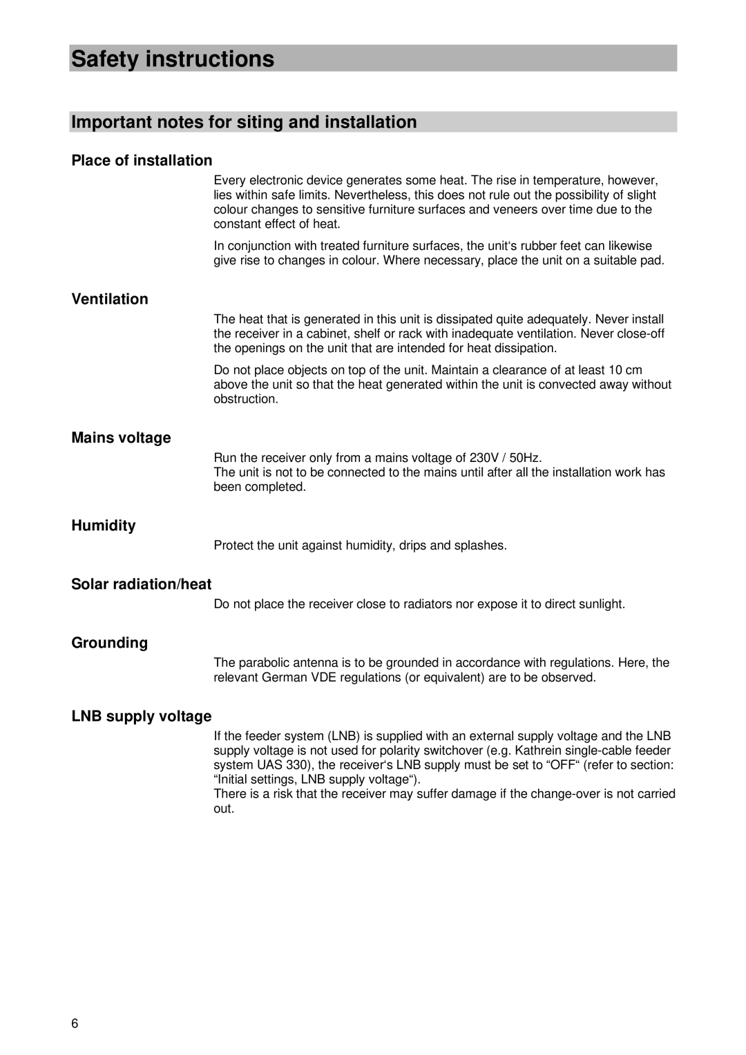 Kathrein UFD 400 manual Important notes for siting and installation 