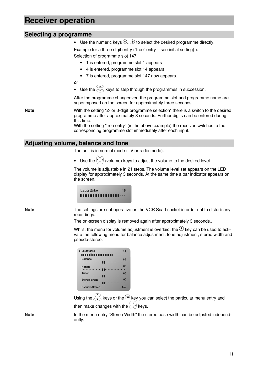 Kathrein UFD 420 manual Selecting a programme, Adjusting volume, balance and tone 