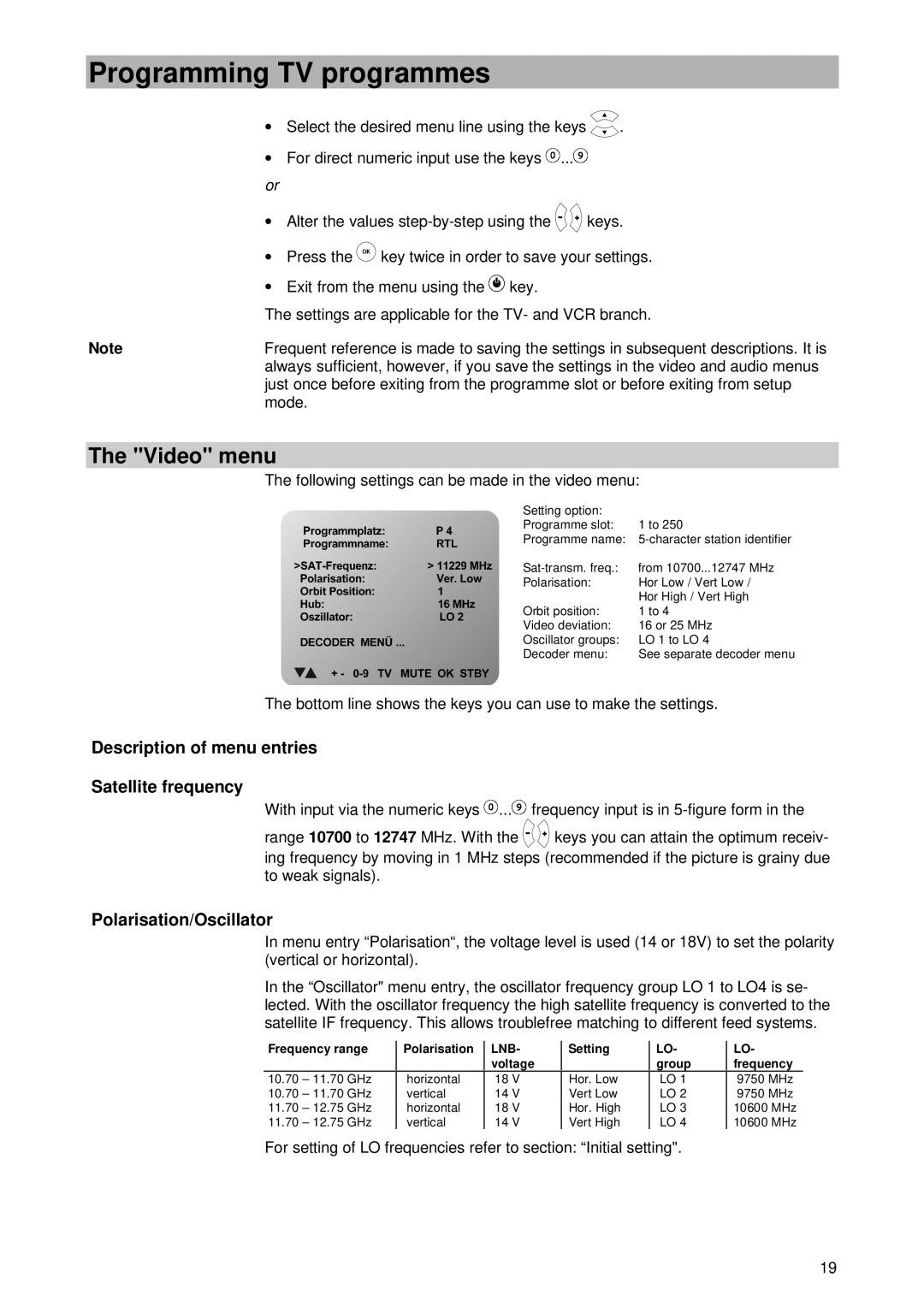 Kathrein UFD 420 manual Video menu, Description of menu entries Satellite frequency, Polarisation/Oscillator 