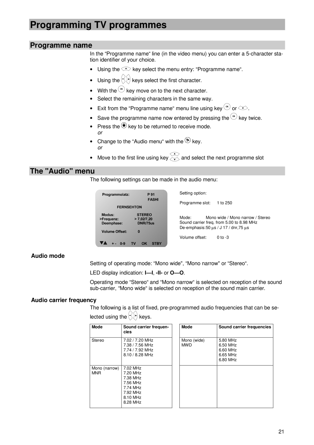 Kathrein UFD 420 manual Programme name, Audio menu, Audio mode, Audio carrier frequency 