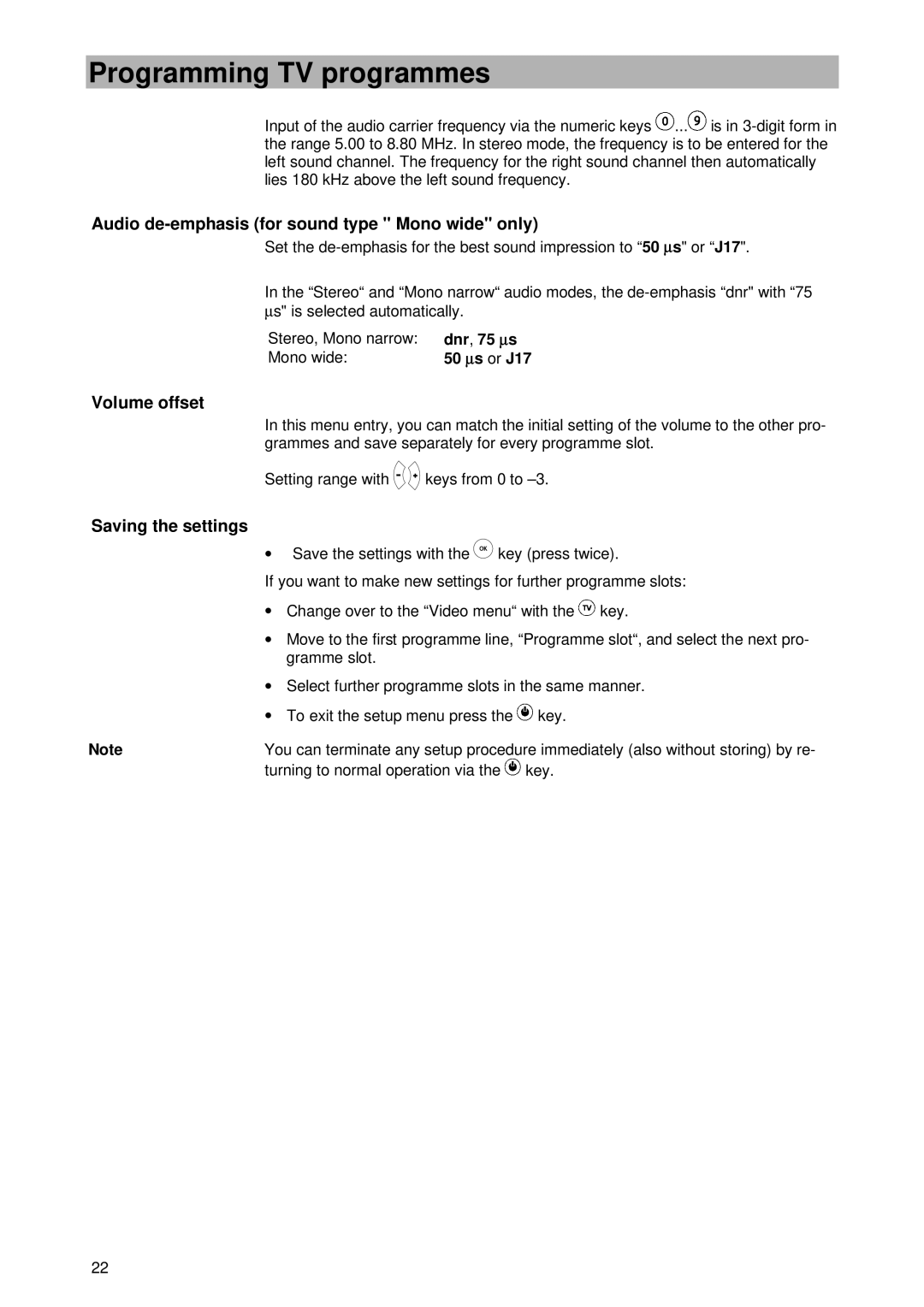 Kathrein UFD 420 manual Audio de-emphasis for sound type Mono wide only, Volume offset, Saving the settings 