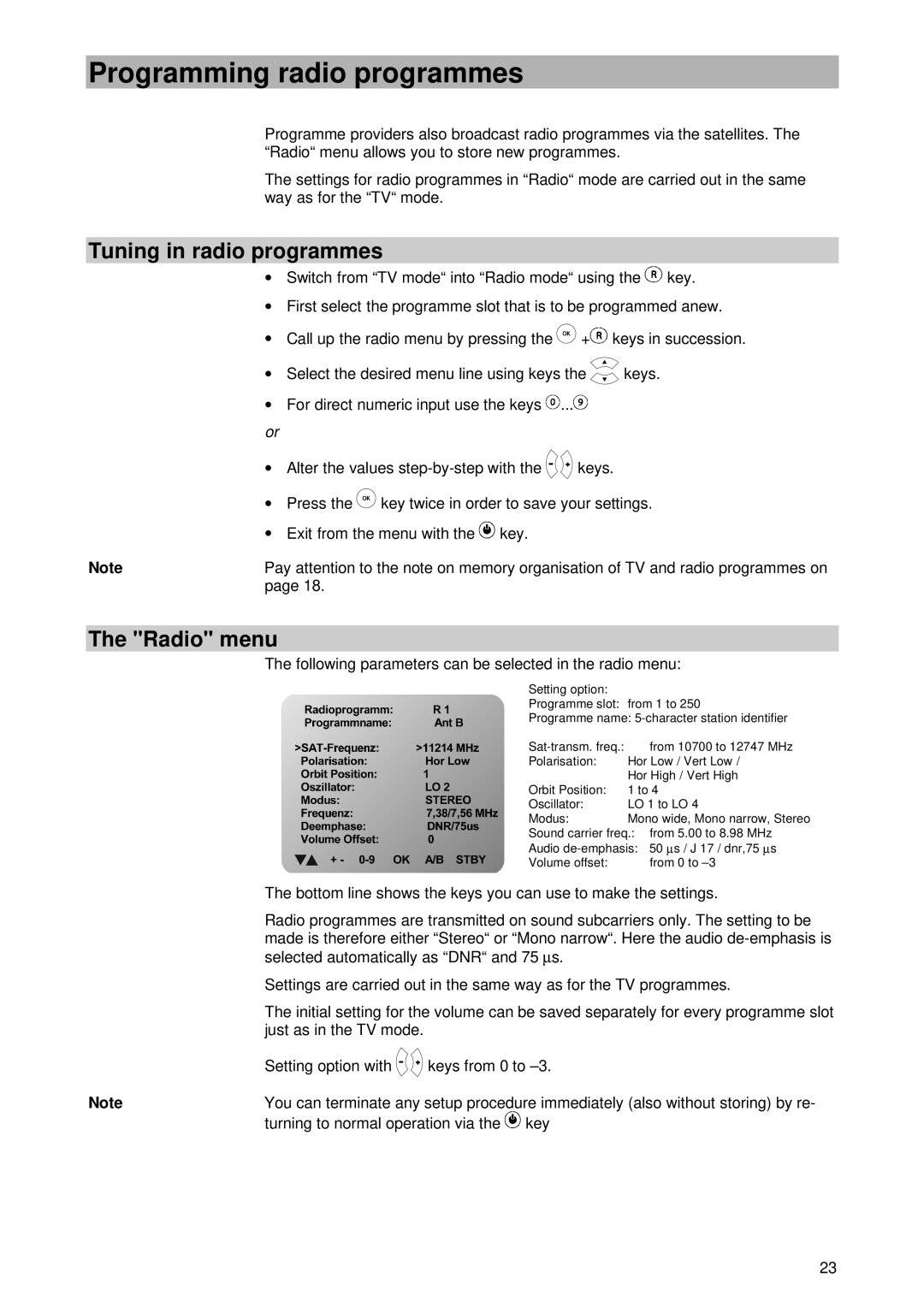 Kathrein UFD 420 manual Programming radio programmes, Tuning in radio programmes, Radio menu 