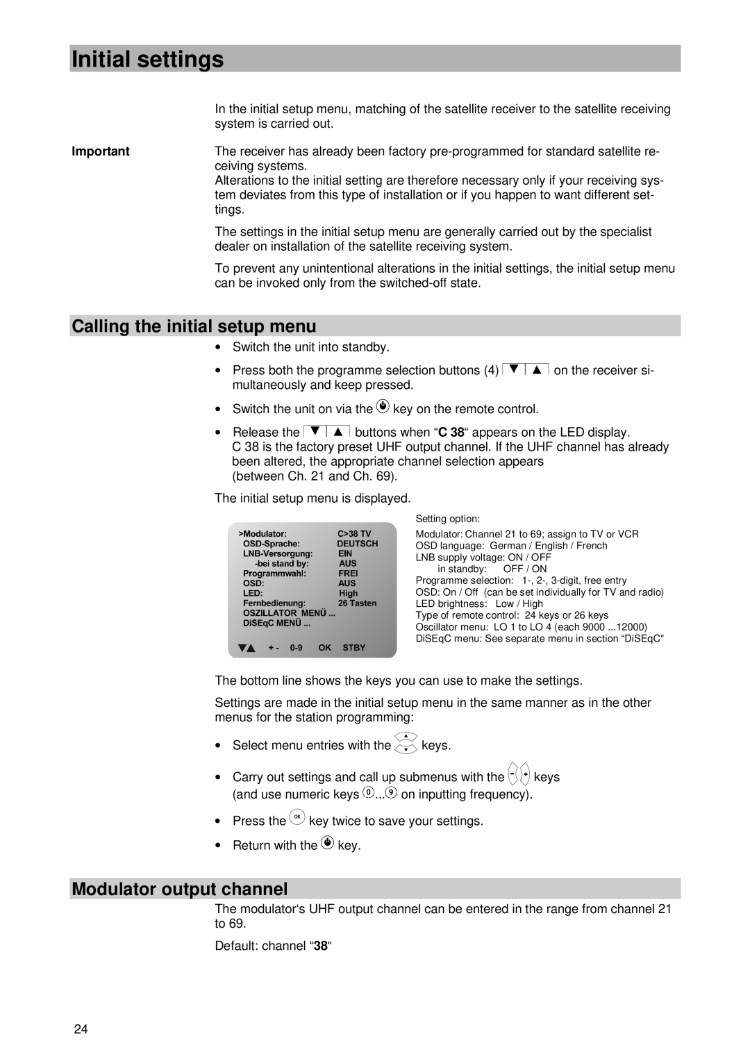 Kathrein UFD 420 manual Initial settings, Calling the initial setup menu, Modulator output channel 