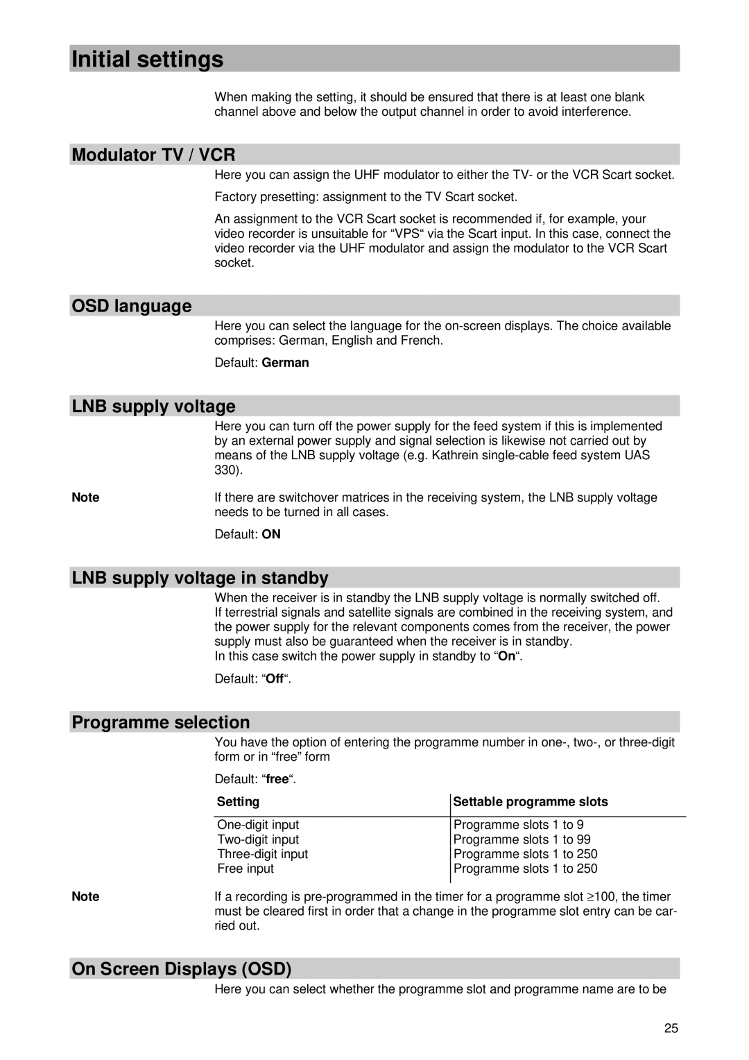 Kathrein UFD 420 manual Modulator TV / VCR, OSD language, LNB supply voltage in standby, Programme selection 