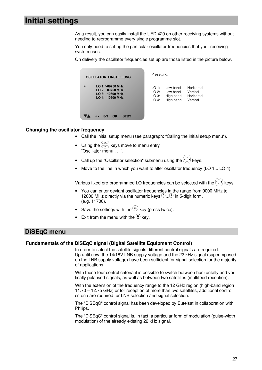 Kathrein UFD 420 manual DiSEqC menu, Changing the oscillator frequency 