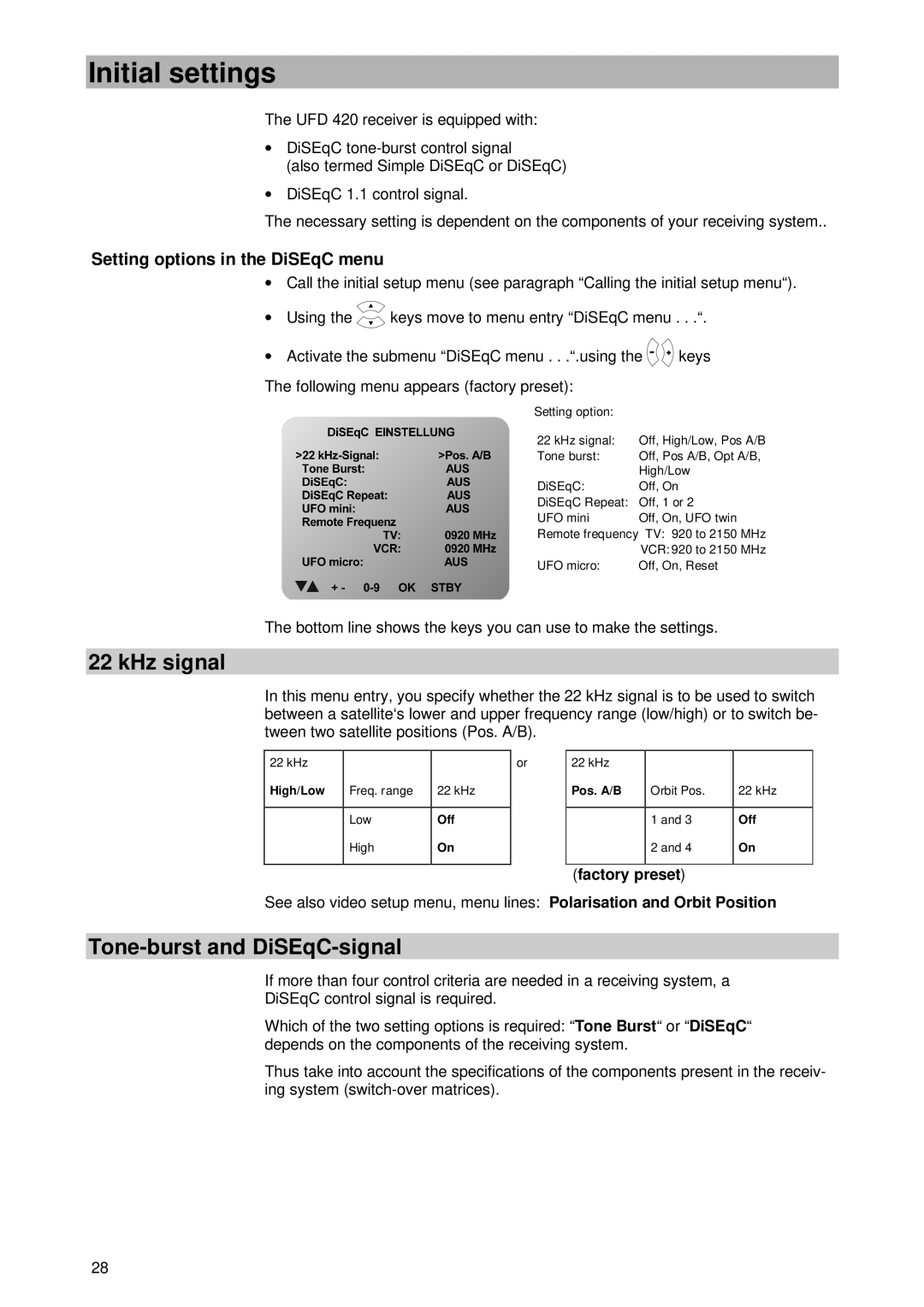 Kathrein UFD 420 manual KHz signal, Tone-burst and DiSEqC-signal, Setting options in the DiSEqC menu, Factory preset 