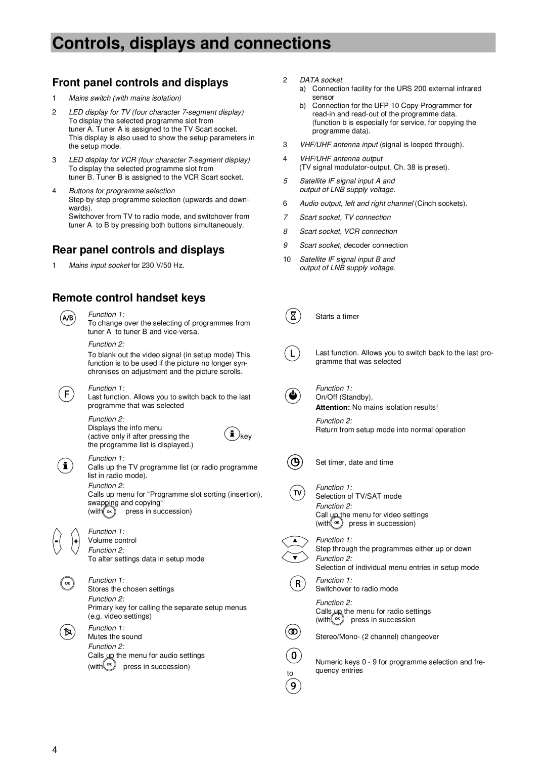 Kathrein UFD 420 manual Front panel controls and displays, Rear panel controls and displays, Remote control handset keys 