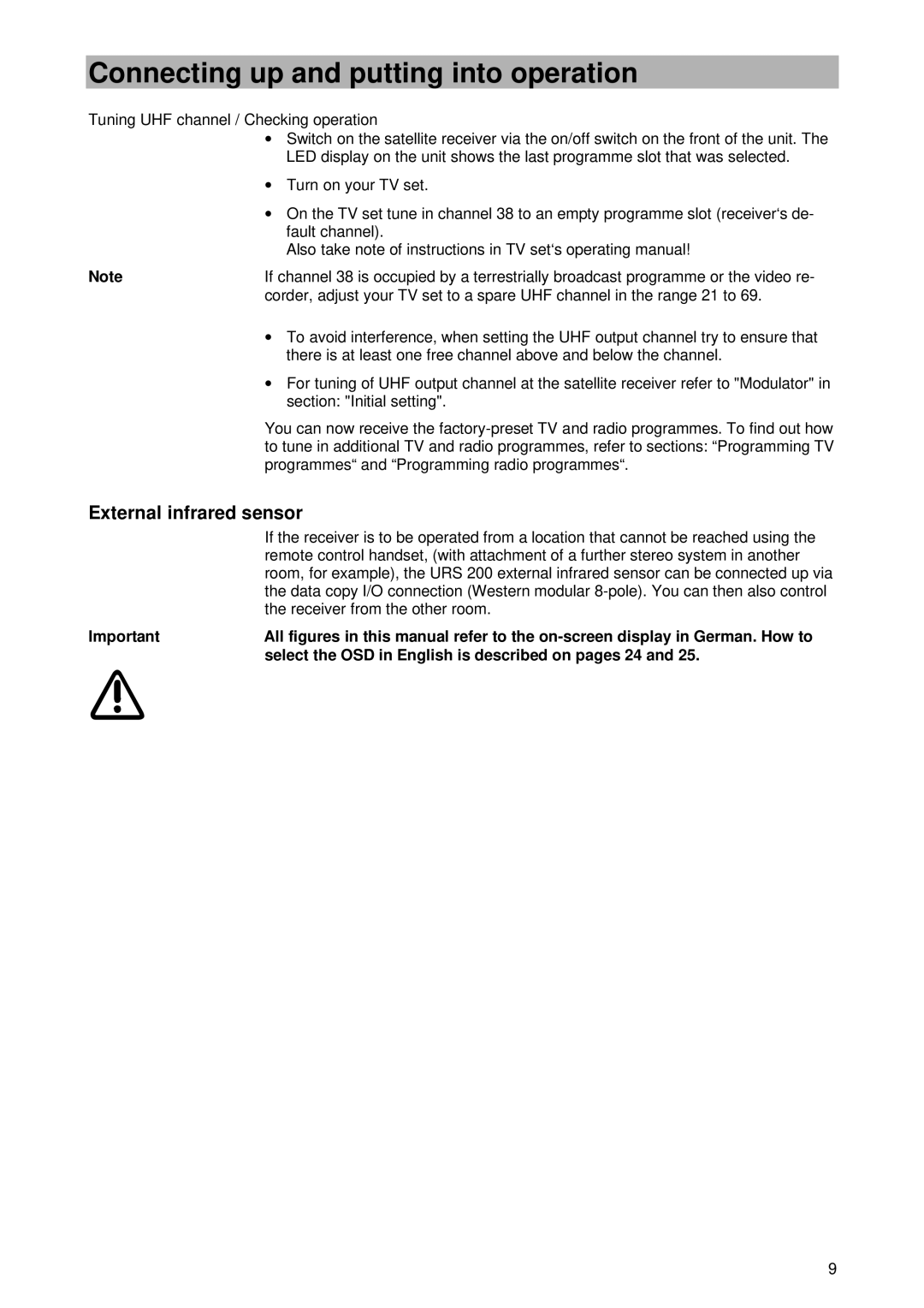 Kathrein UFD 420 manual External infrared sensor, Select the OSD in English is described on pages 24 