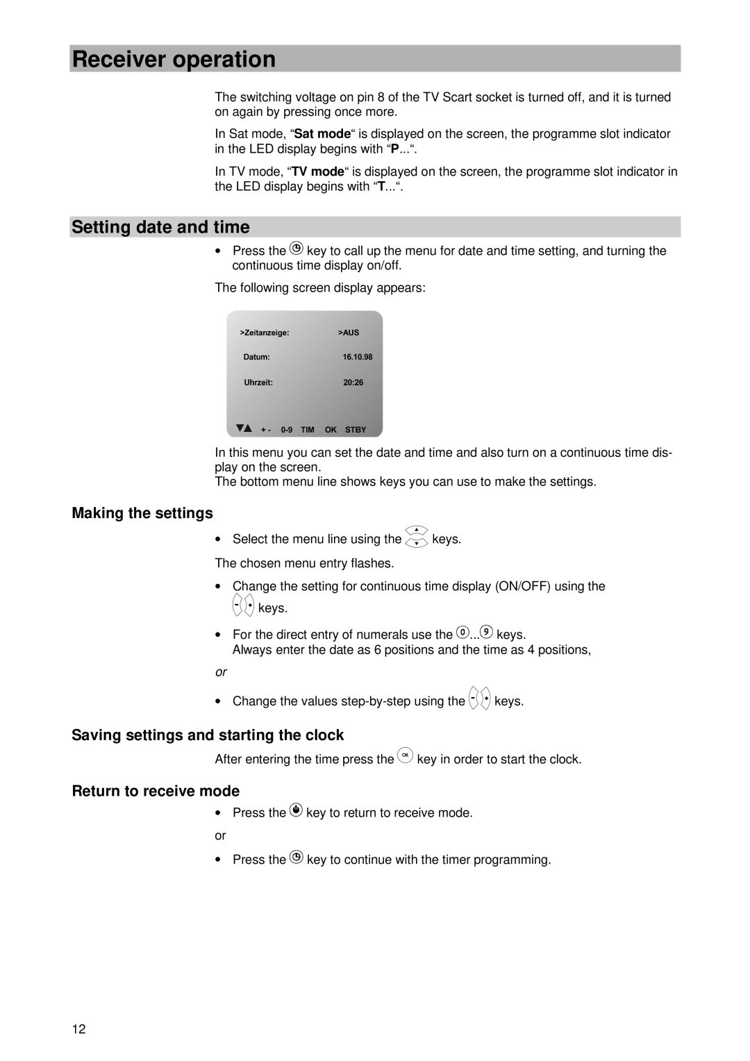 Kathrein UFD 430 manual Setting date and time, Making the settings, Saving settings and starting the clock 