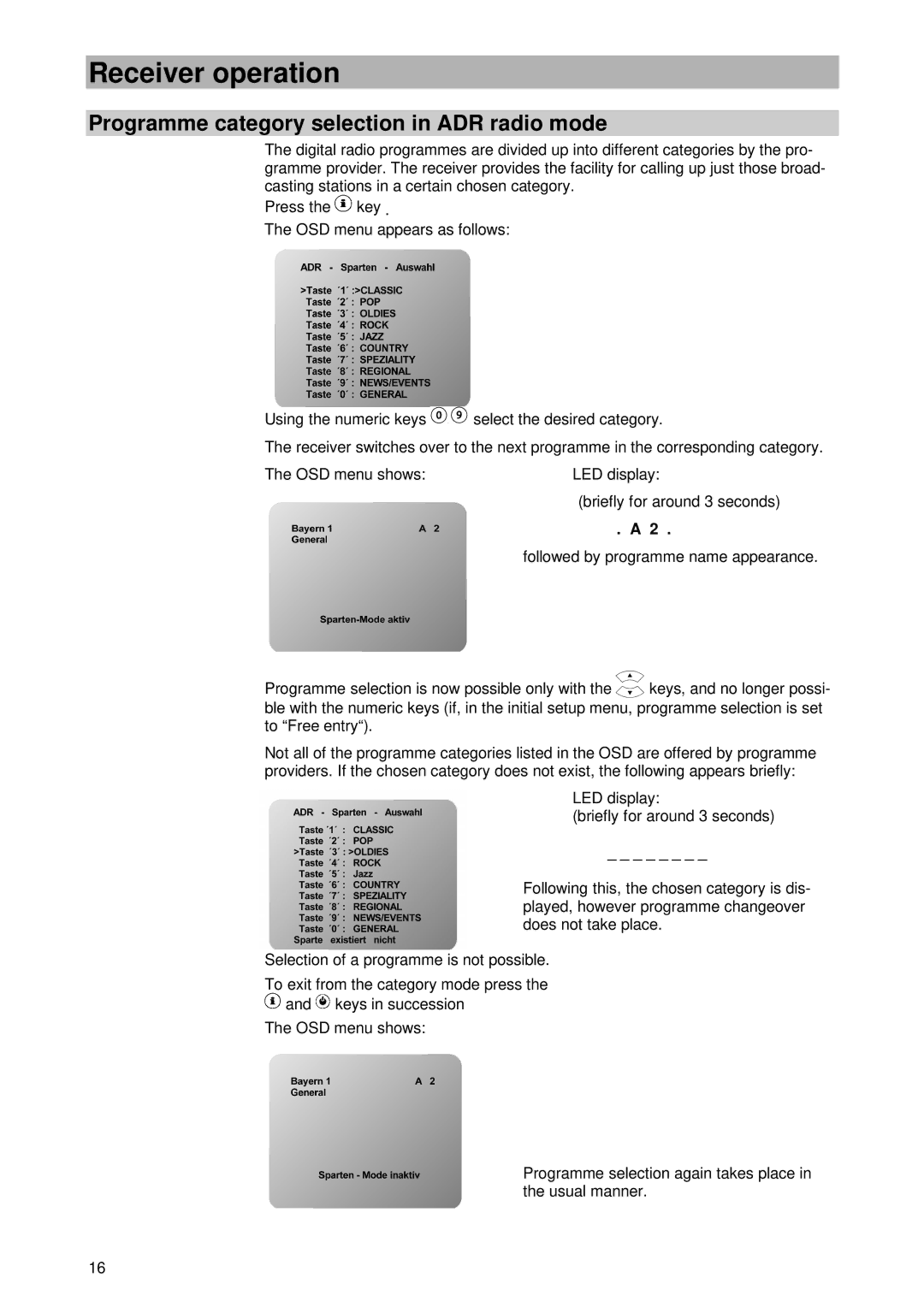 Kathrein UFD 430 manual Programme category selection in ADR radio mode 